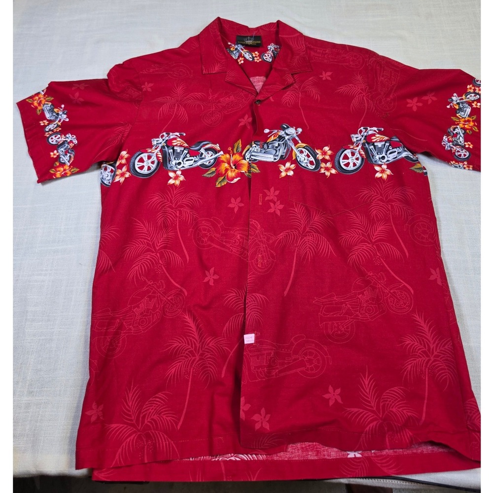 Royal Creations Mens Red Motorcycle Hibiscus Hawaiian Beach Vibe Camp Shirt XL